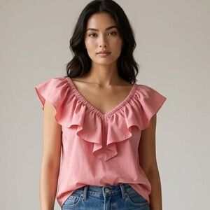 Rebecca Taylor Pink Ruffle V-Neck Cotton Poplin Blouse Top Size 8